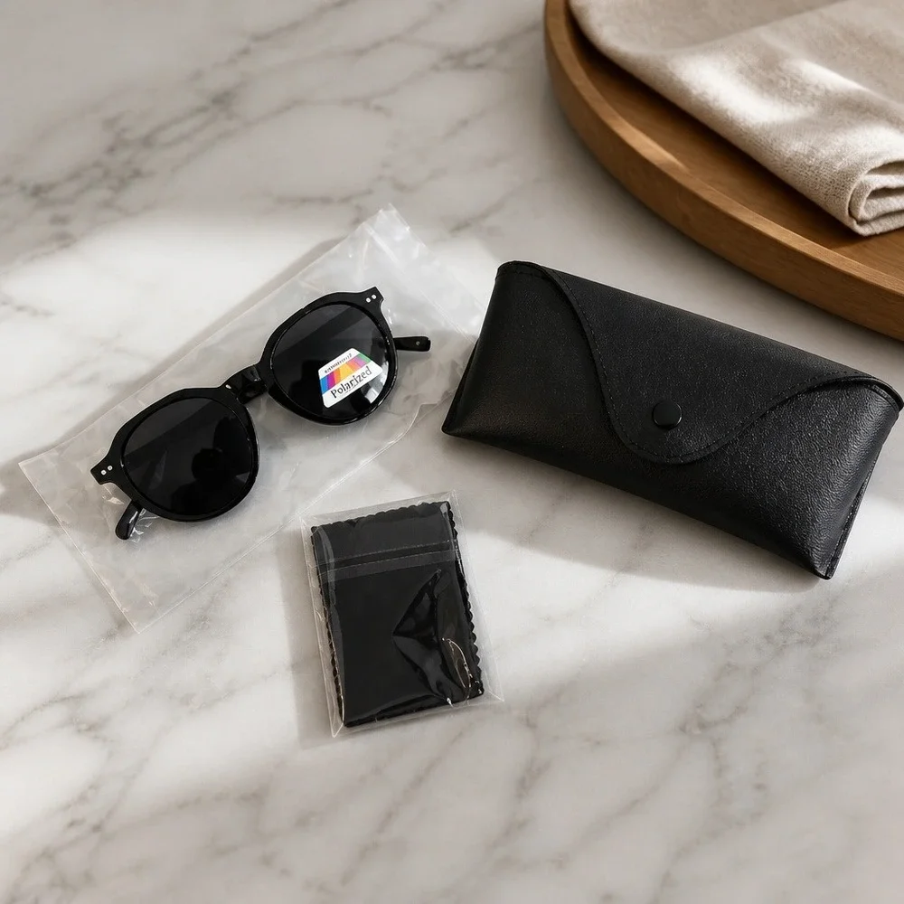 Black Round Polarized Sunglasses with Case‎ and Cleaning Cloth UV Protection
